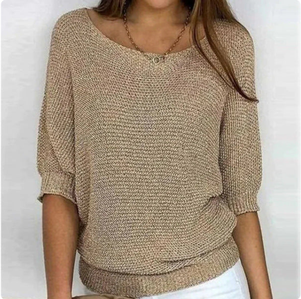 Women's solid color sweater, loose, with three-quarter sleeves