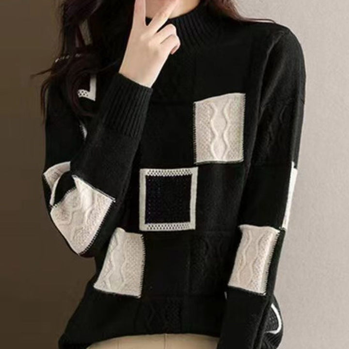 Women's Turtleneck Sweater in Checkered Pattern, Made of Cashmere
