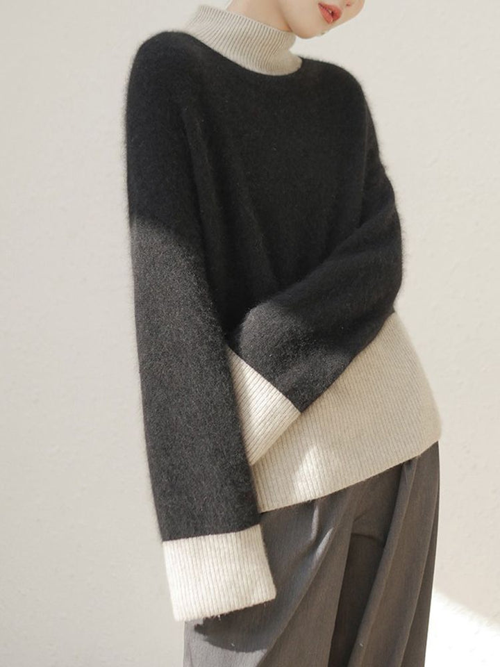 Elegant and beautiful two-tone cashmere turtleneck sweater in color blocks