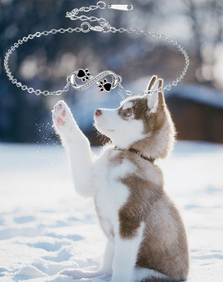 Bracelet with Infinity Symbol, Paw Print Charms, and Zirconia