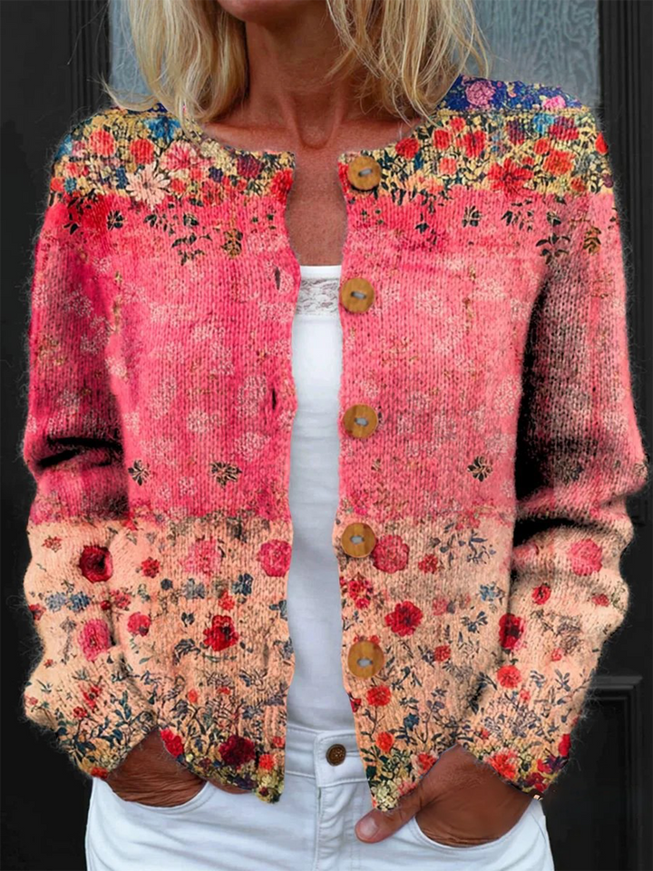Elegant and comfortable pink cardigan with a beautiful floral pattern