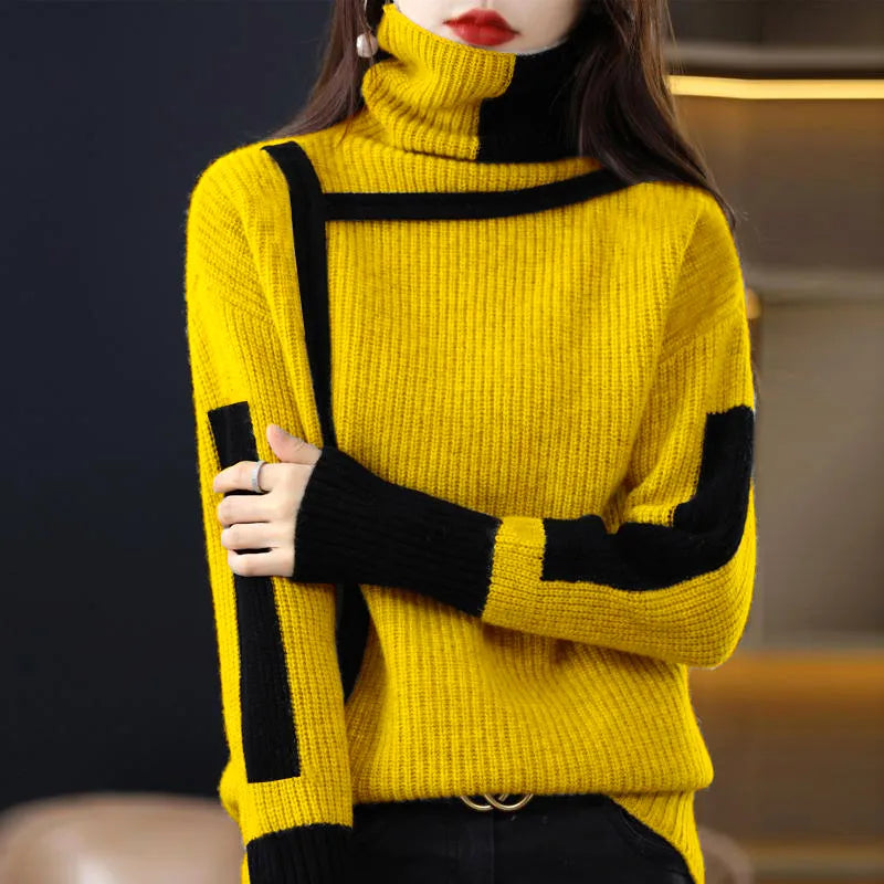 Women's Color Block Turtleneck Sweater for Everyday Wear