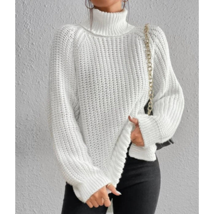 Simple and comfortable women's knitted sweater, solid color, with a stand-up collar