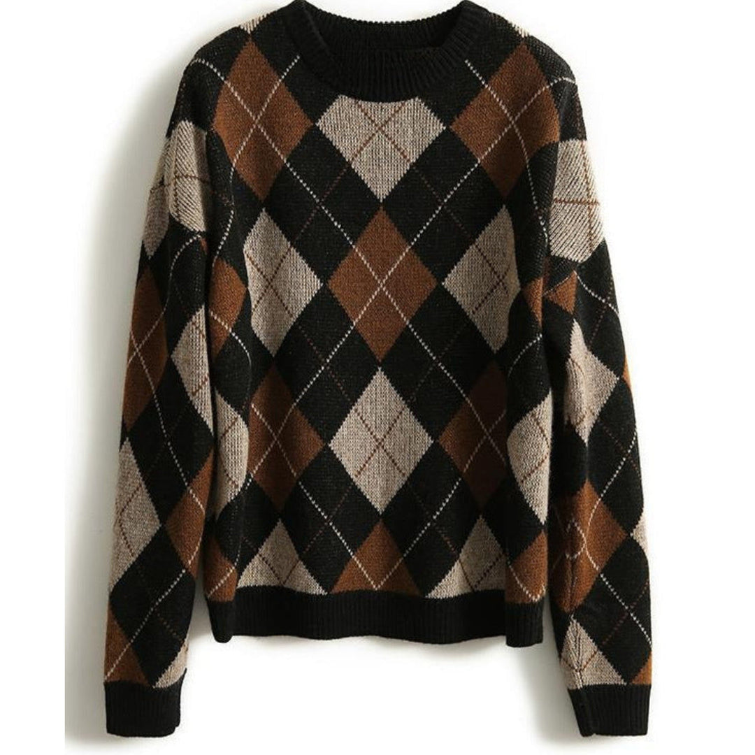 Cashmere Check Sweater with Round Neck