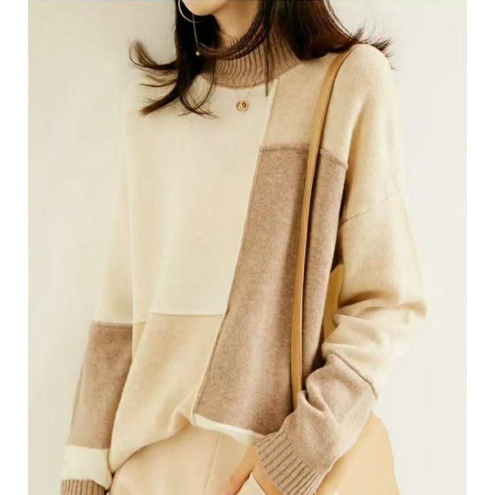 Cashmere sweater with a turtleneck in geometric color blocks