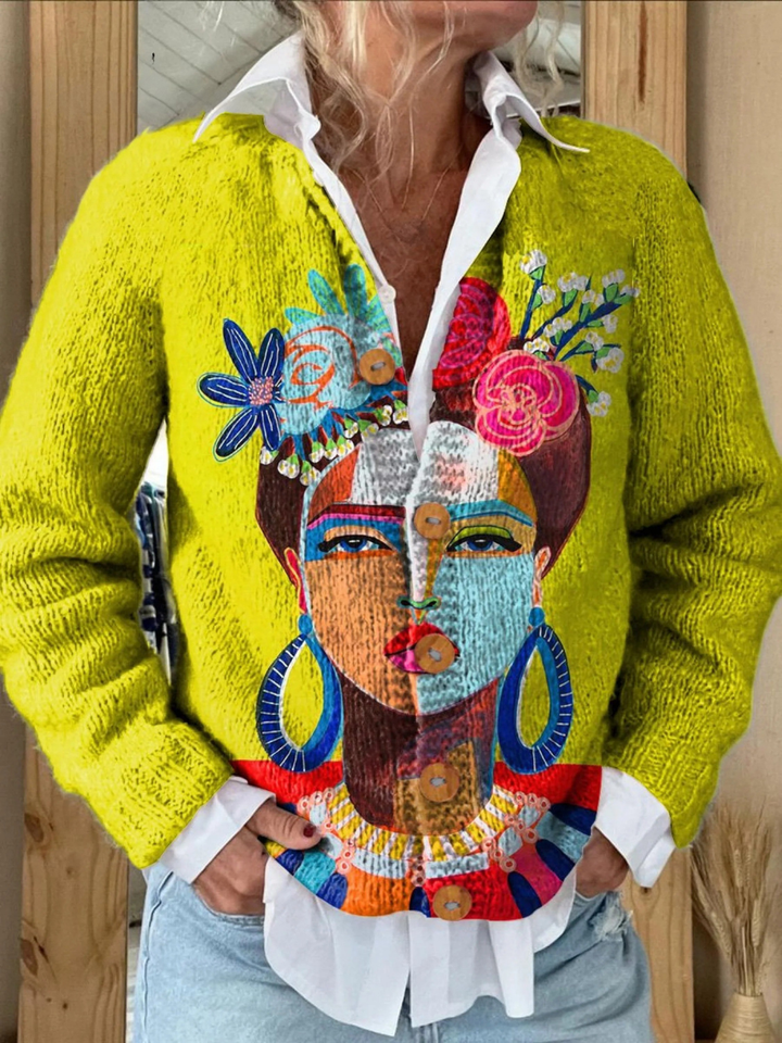Ola™ - Oil Painting Freda Portrait Art Printed Buttoned Cardigan