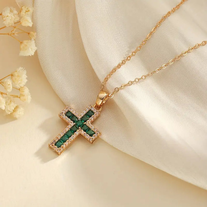 Solene Emerald Cross Pendant Necklace Gold