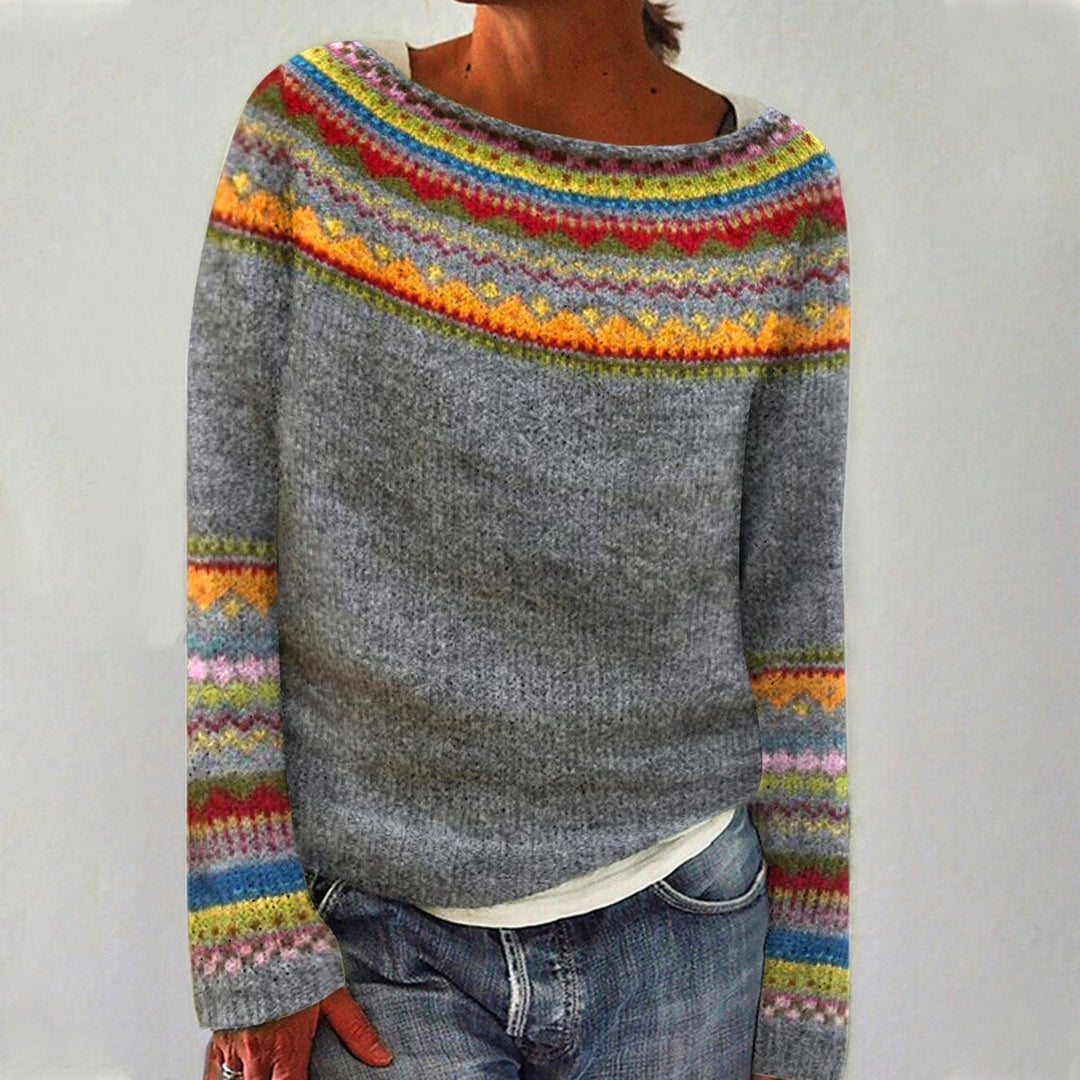 Comfortable and elegant women's boho-style sweater with a round neckline and simple pattern