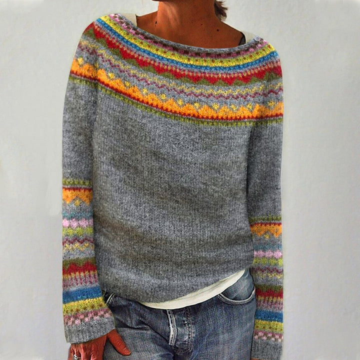 Comfortable and elegant women's boho-style sweater with a round neckline and simple pattern