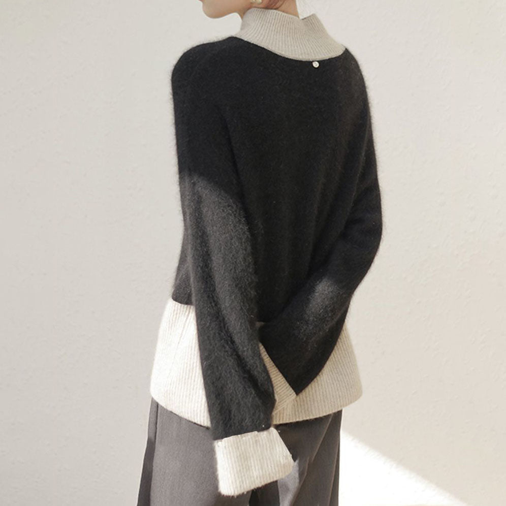 Elegant and beautiful two-tone cashmere turtleneck sweater in color blocks