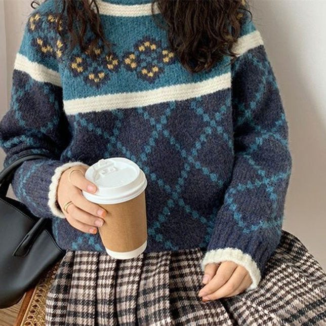 Women's Checked Cashmere Sweater with Turtleneck