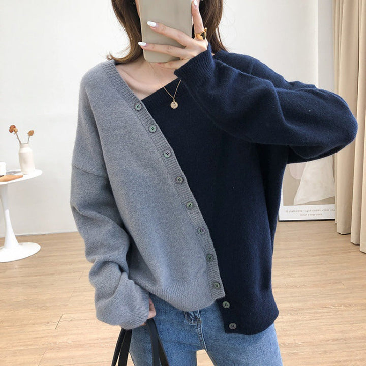 Cashmere Color Block Sweater with Irregular Collar