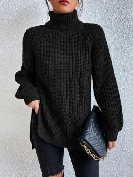 Simple and comfortable women's knitted sweater, solid color, with a stand-up collar