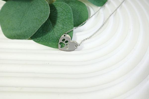 Silver Heart-Shaped Pendant Necklace with Paw