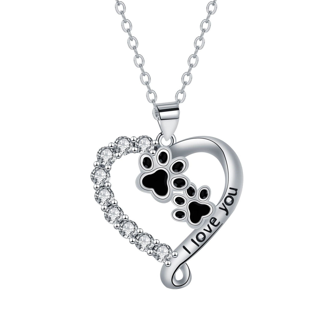 Heart Paw Shaped Pendant Necklace in Silver-Black