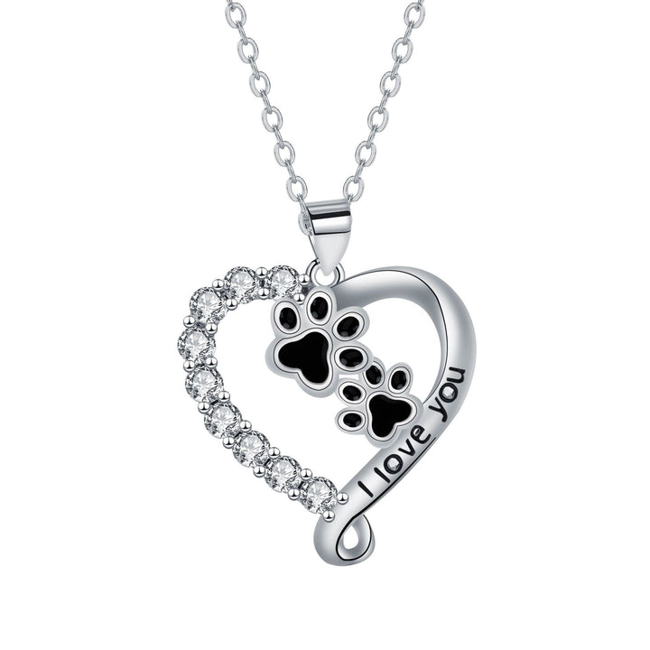 Heart Paw Shaped Pendant Necklace in Silver-Black