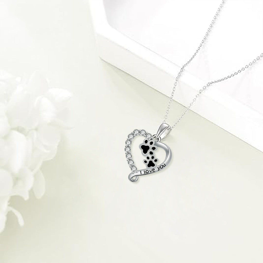 Heart Paw Shaped Pendant Necklace in Silver-Black