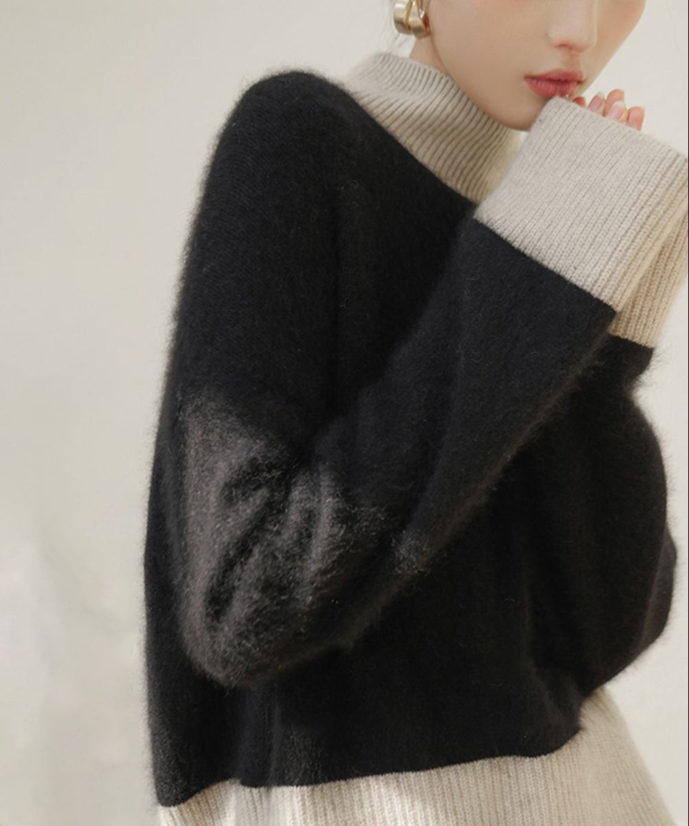 Elegant and beautiful two-tone cashmere turtleneck sweater in color blocks