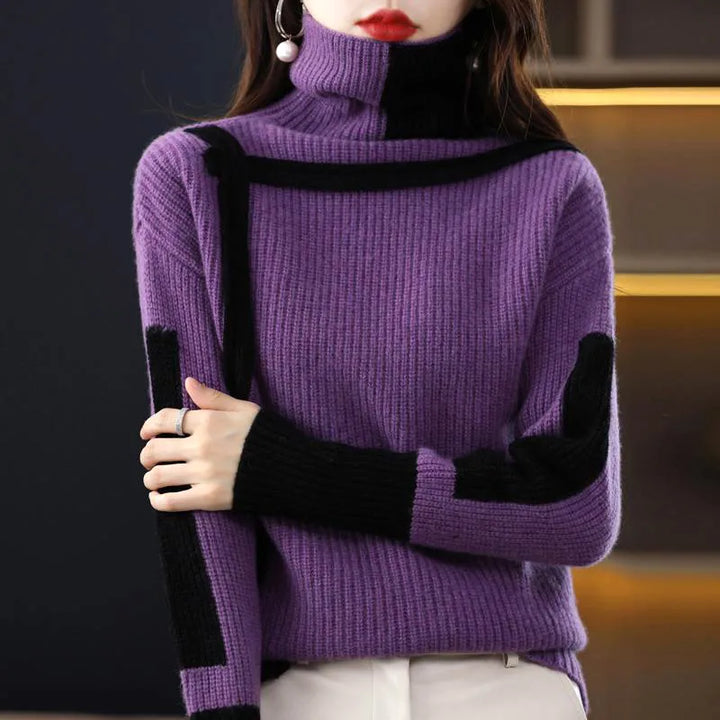 Women's Color Block Turtleneck Sweater for Everyday Wear