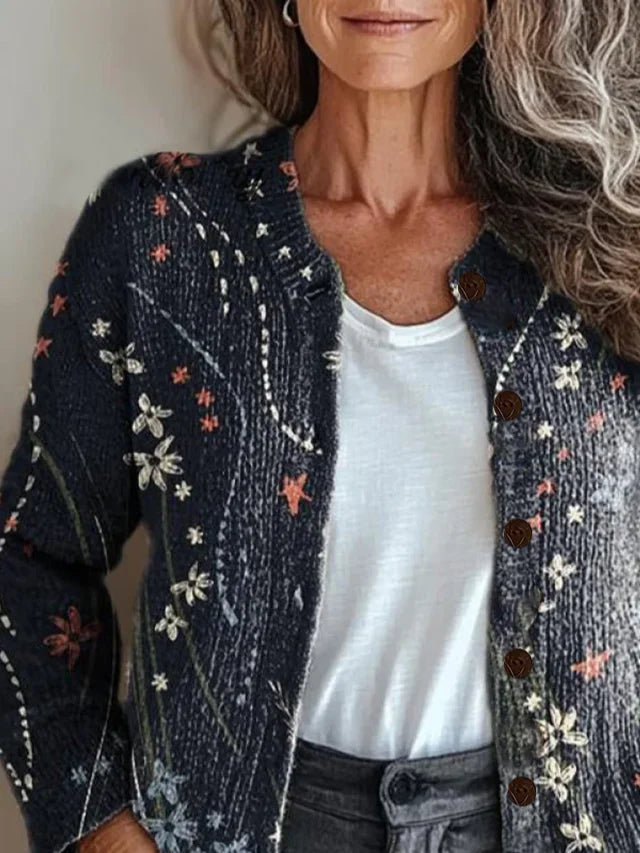 Elegant and Comfortable Black Cardigan with a Fresh Floral Pattern