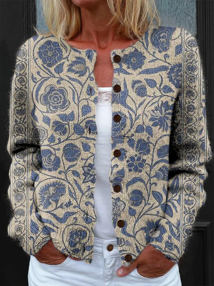 Elegant and comfortable gray cardigan with a beautiful blue floral pattern
