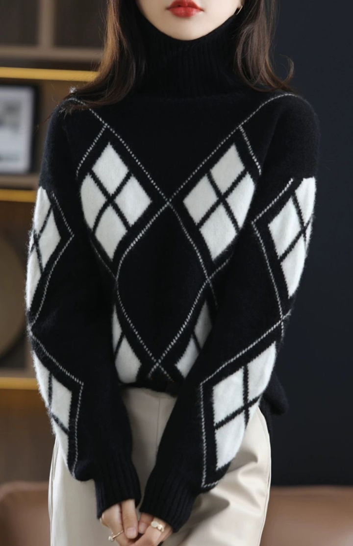 Women's Turtleneck Sweater in Plaid, Made of Cashmere