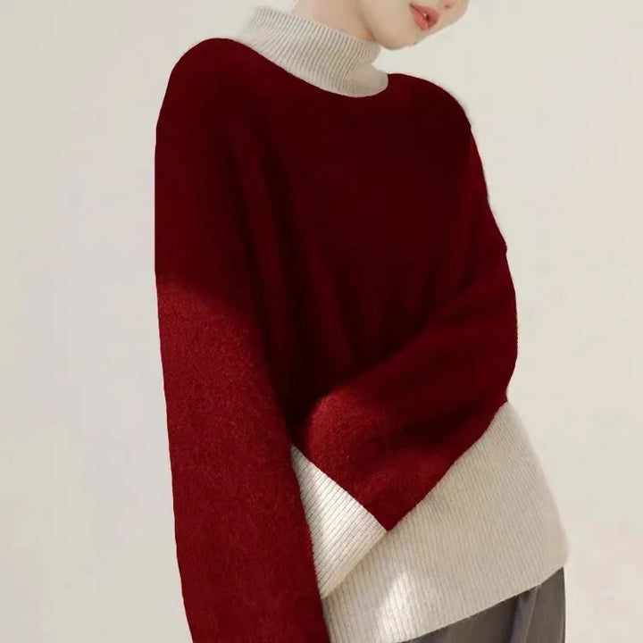 Elegant and beautiful two-tone cashmere turtleneck sweater in color blocks