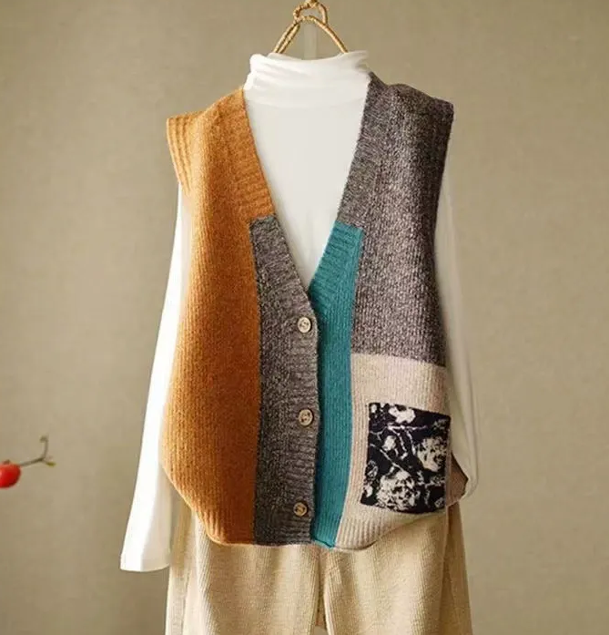 Loose, versatile sleeveless sweater with multicolored blocks and pockets