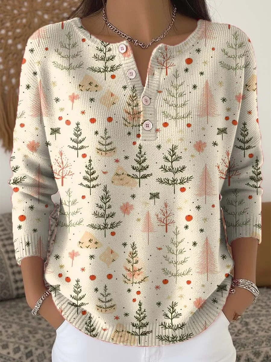 Elegant and comfortable light beige sweater with a fresh tree pattern, slightly open neckline, and button closure