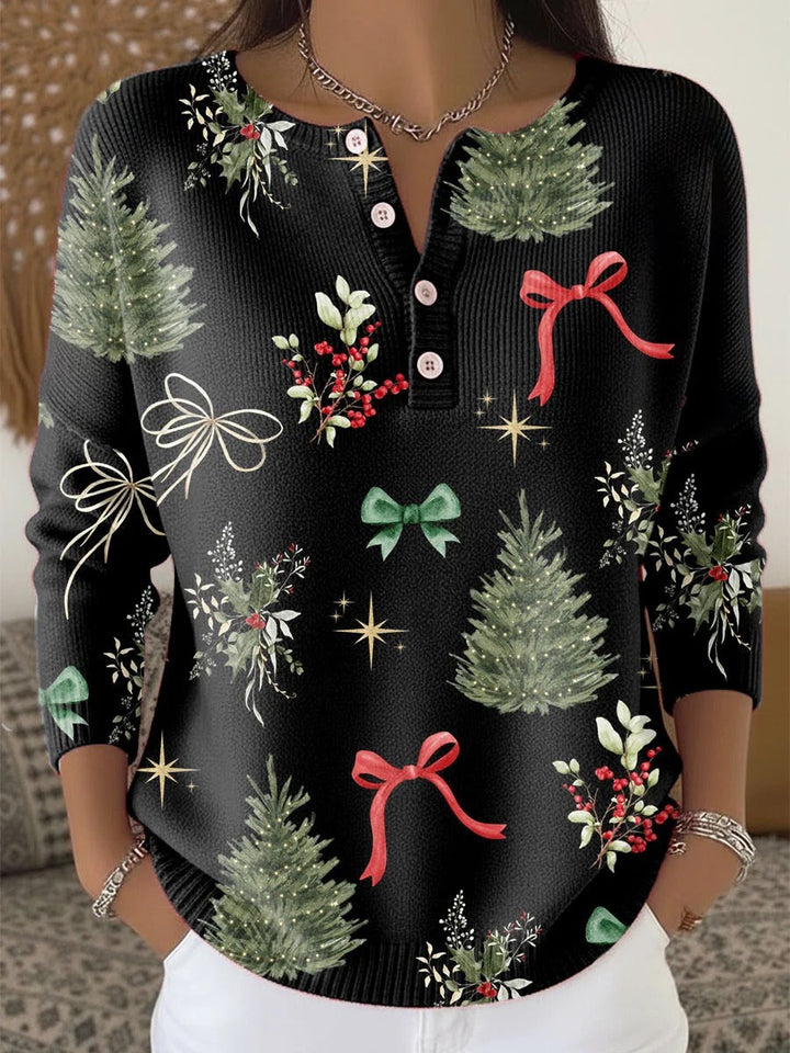 Elegant and comfortable black sweater with a Christmas pattern, slightly open neckline, and button closure