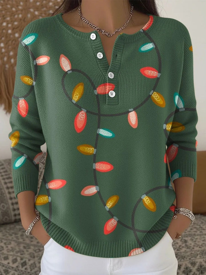 Elegant and comfortable dark green sweater with a colorful light bulb pattern, slightly open neckline, and button closure