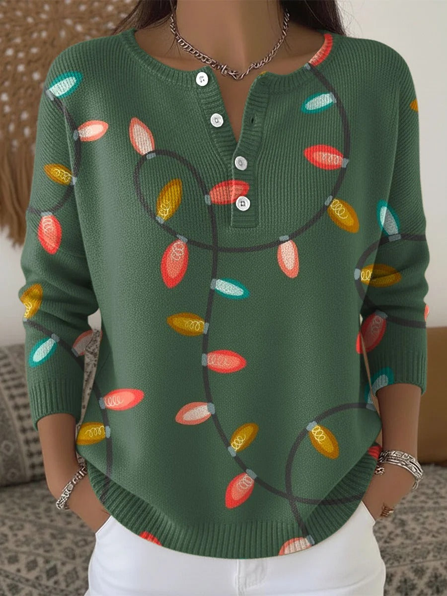 Elegant and comfortable dark green sweater with a colorful light bulb pattern, slightly open neckline, and button closure