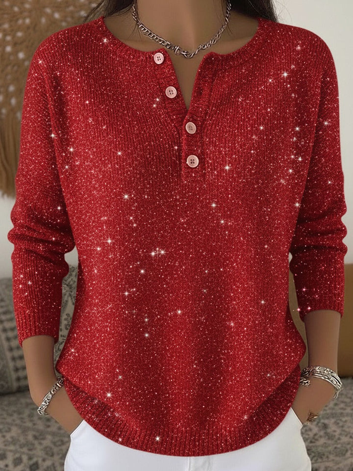 Elegant and comfortable scarlet sweater with a white star-shaped decoration and a button-down collar