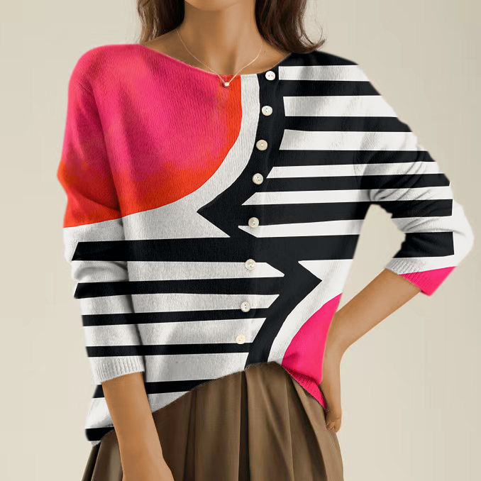 Elegant and Comfortable Black-Pink Sweater with Irregular Geometric Pattern and Irregular Buttons