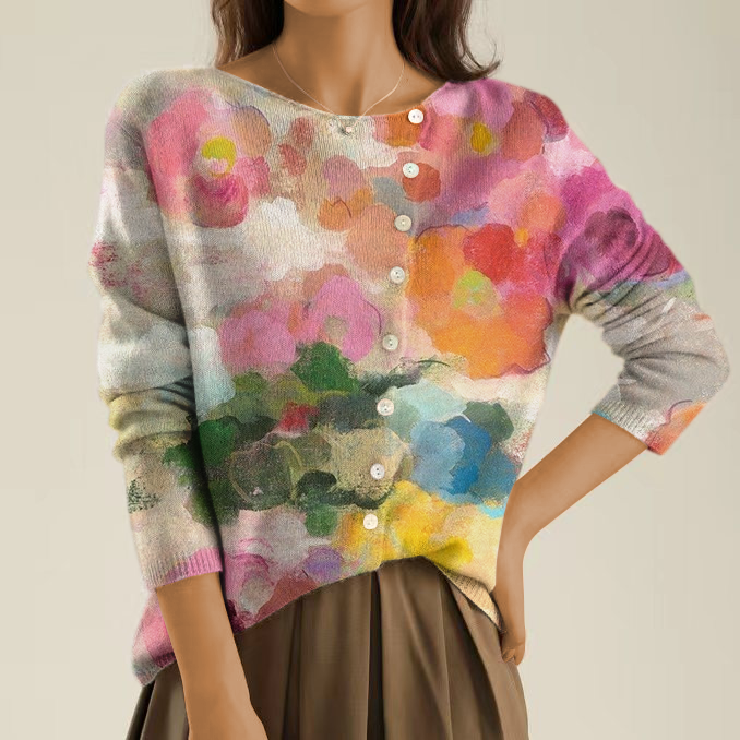 Elegant and Comfortable Sweater with Colorful Patterns and Irregular Buttons