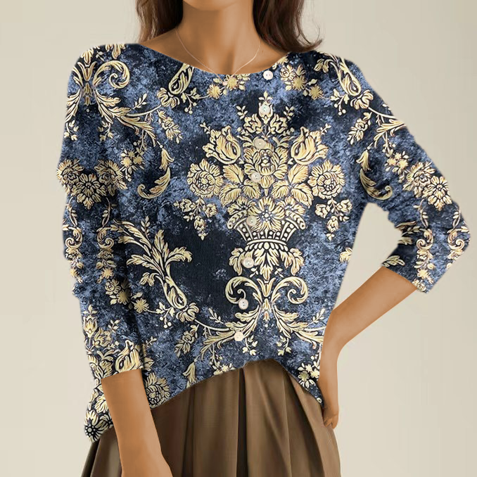Elegant and Cozy Sweater with Gold Floral Pattern and Irregular Buttons