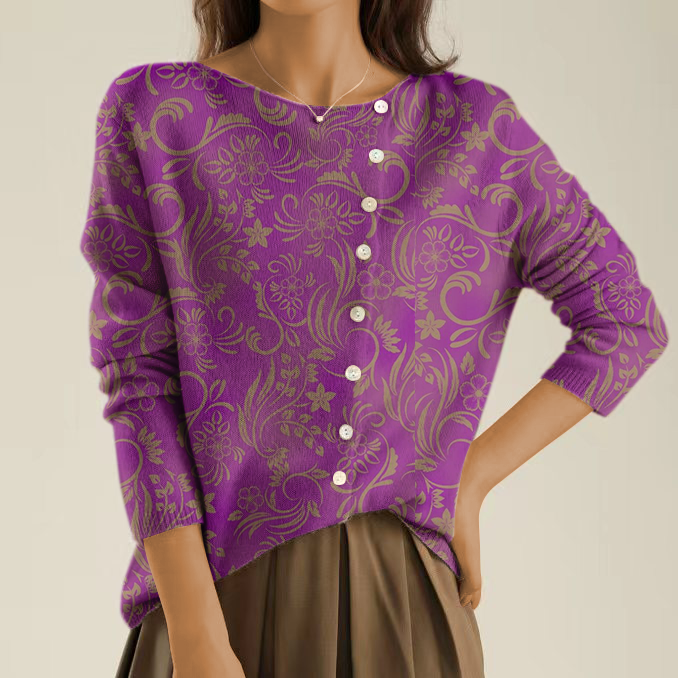 Elegant and comfortable purple sweater with a minimalist floral pattern and irregular buttons