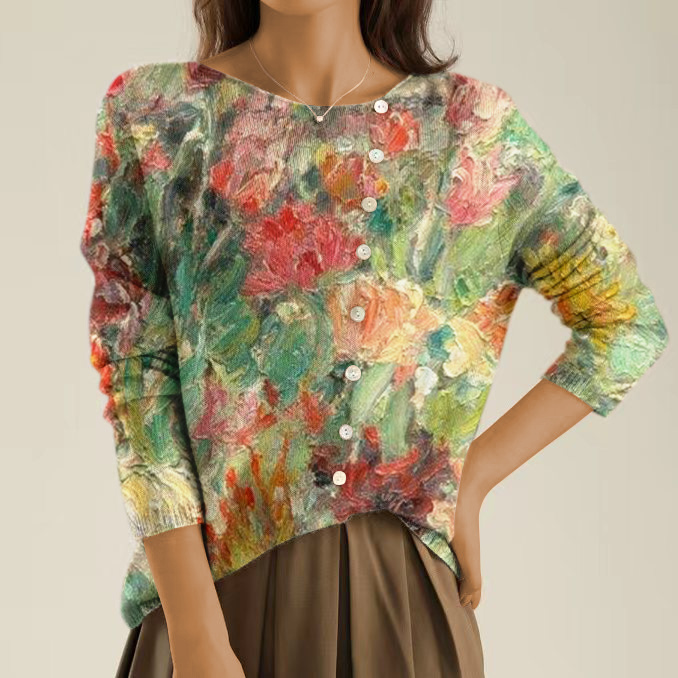 Elegant and Cozy Sweater with Abstract Floral Painting Pattern and Irregular Buttons
