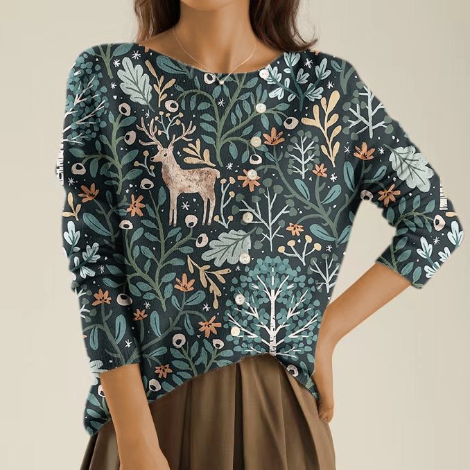 Elegant and Cozy Sweater with Moose and Forest Motif and Irregular Buttons