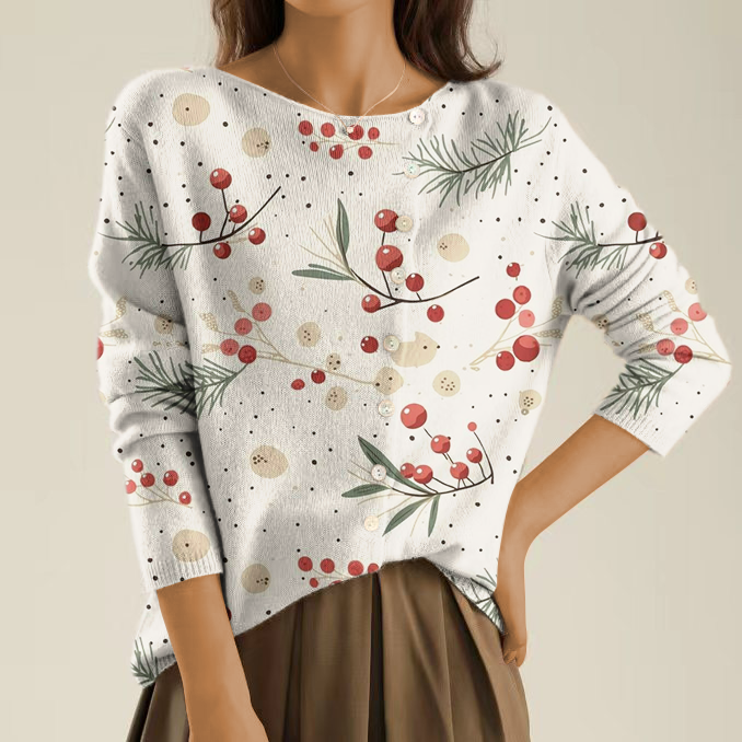 Elegant and comfortable light beige sweater with a pattern featuring a red cherry and irregular buttons