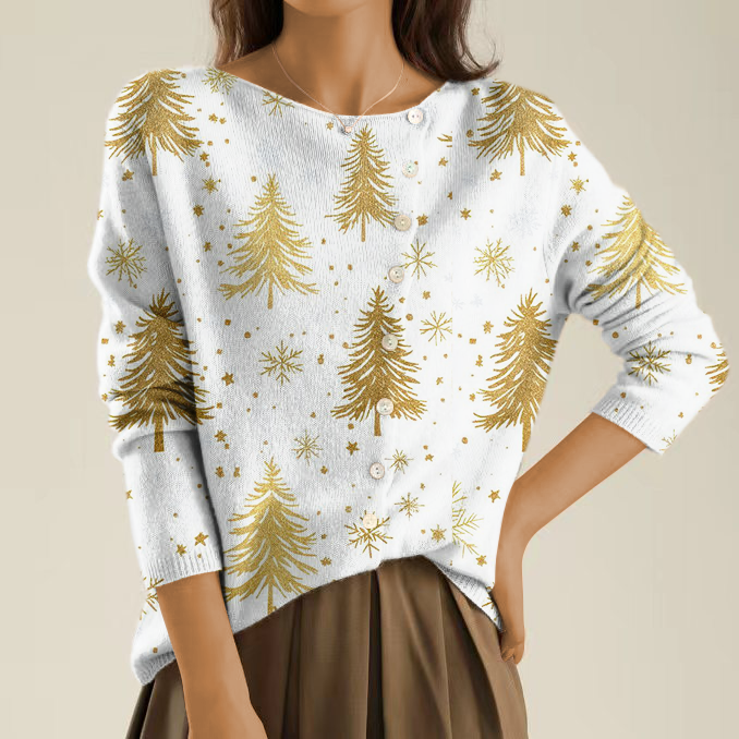 Elegant and Comfortable Light Beige Sweater with Gold Pine Tree Pattern and Irregular Buttons