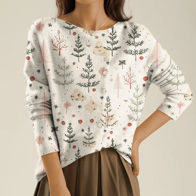 Elegant and comfortable light beige sweater with a green tree pattern and irregular buttons