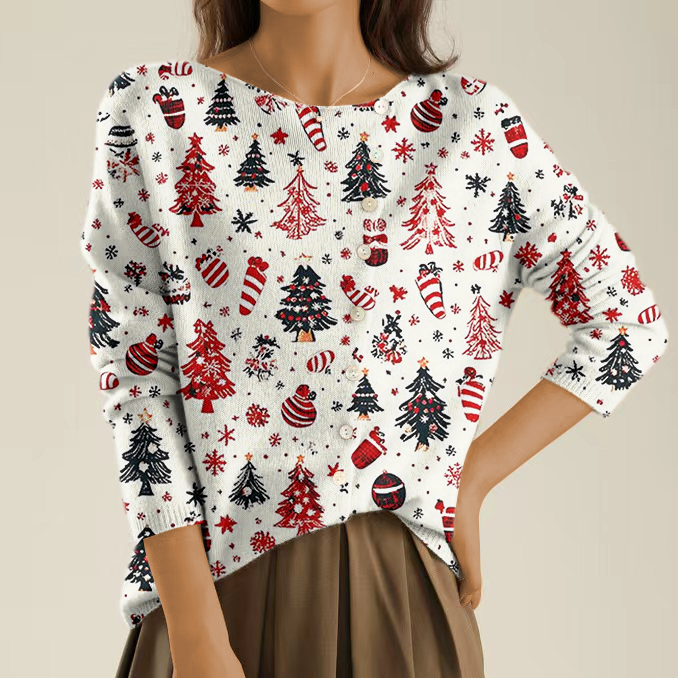 Elegant and comfortable white sweater with a red-green Christmas tree pattern and irregular buttons