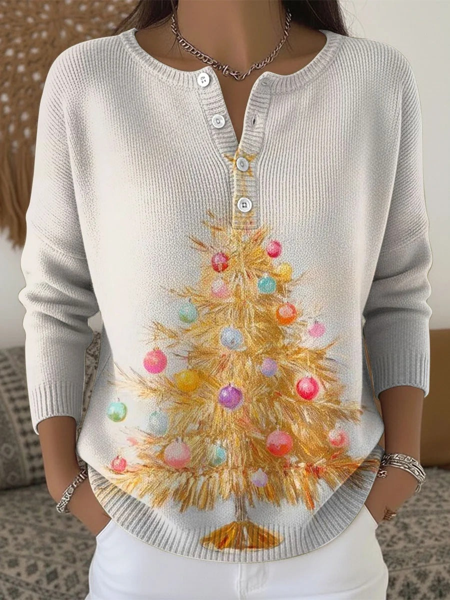 Elegant and comfortable light beige sweater with a yellow Christmas tree pattern and a button-up collar