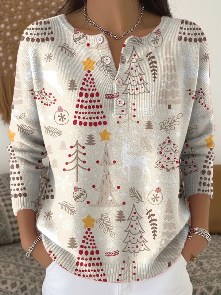 Elegant and comfortable light beige sweater with a holiday pattern and decorative buttons at the collar