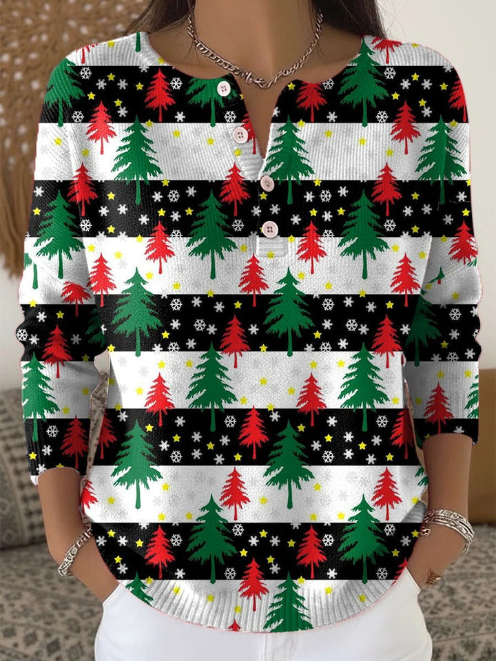 Elegant and comfortable black and white striped sweater with a tree pattern and decorative buttons at the collar