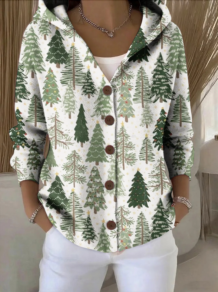 Elegant and comfortable white cardigan with a hood and green tree pattern, perfect for everyday wear