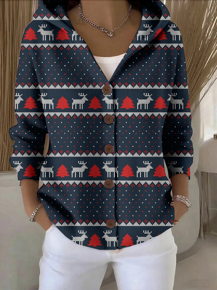 Elegant and comfortable dark blue cardigan with a hood and tree pattern, perfect for everyday wear