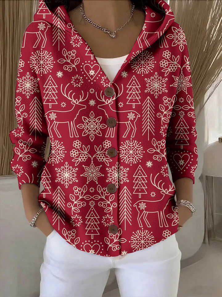 Elegant and comfortable red cardigan with a hood and minimalist moose pattern, perfect for everyday wear