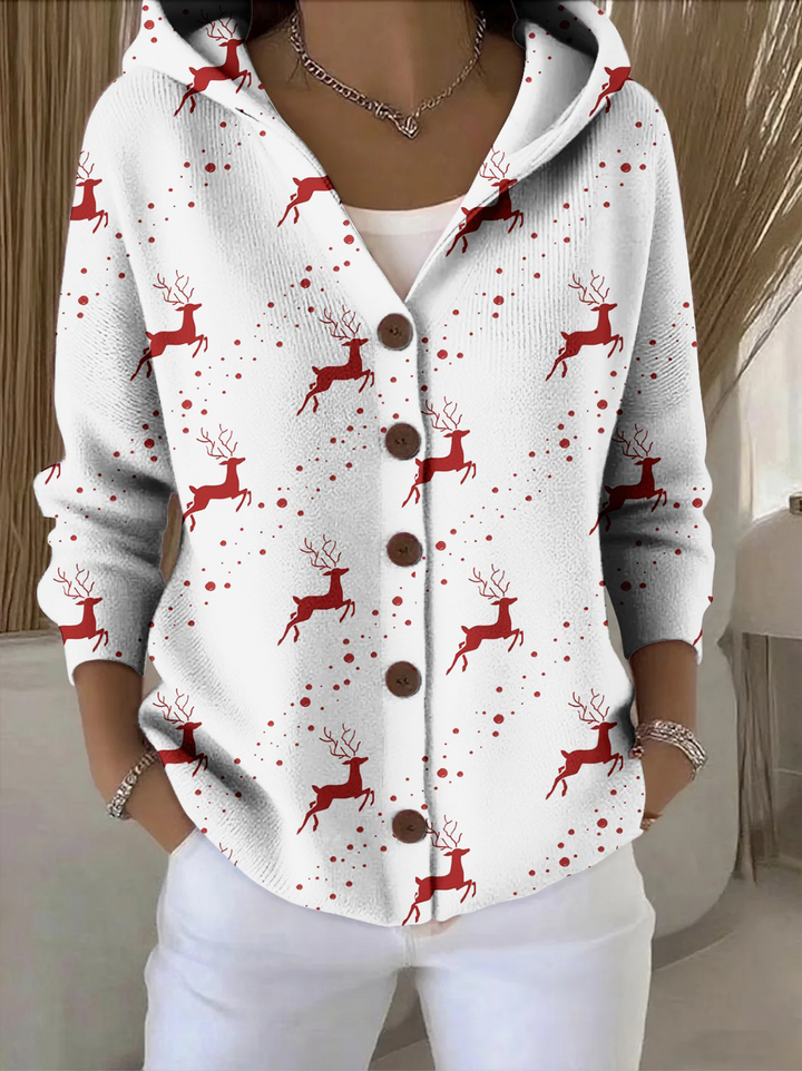 Elegant and comfortable white cardigan with a hood and an abstract red moose pattern, perfect for everyday wear